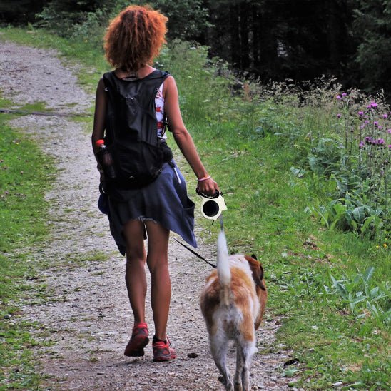 Laisse pour chien rétractable dame dans un sentier