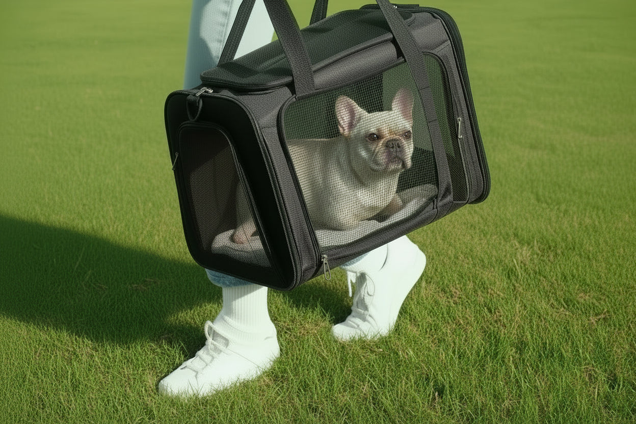 Sac de transport pour chien noir et bulldog français