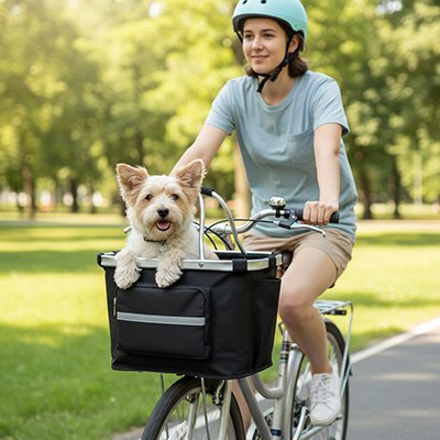 Vélo panier Chien noir chien blanc